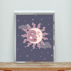 Sun and Moon Art Print, Wall decor,Retro, Celestial illustration, home decor, night sky, fun, 70s boho, vintage, zodiac, bedroom, dorm room