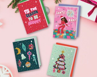 Jeu de cartes de Noël rétro, style Groovy des années 70, disco, boules, arbre, illustration de style vintage, père Noël, c'est la saison, Noël lumineux et coloré