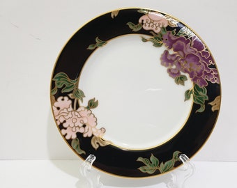 Fitz Floyd Cloisonne Peony Black Bread & Butter Plates - Set of 4