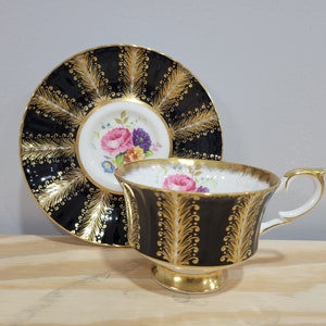 Paragon Pink Floating Rose on Black Gold Tea Cup Saucer Set