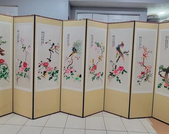 Delicated Chinese Embroidered Silk 8 Panel Room Divider Screen of Birds, Flowers