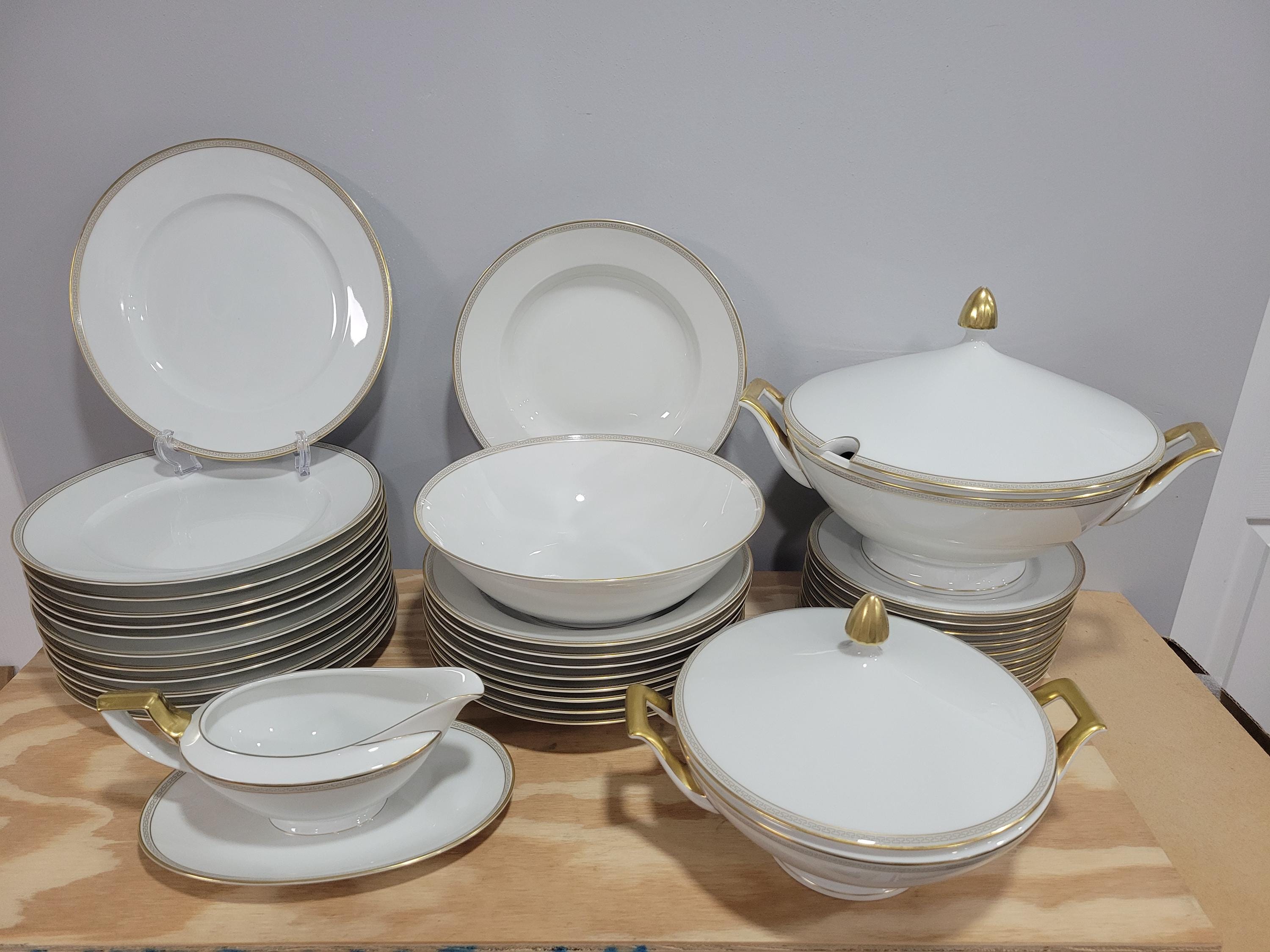Heinrich & Co Selb Bavaria Greek Key Gray Gold Trim Dinnerware