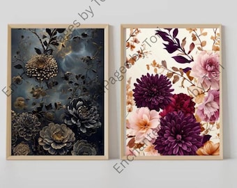 Könnte beinhalten: Zwei gerahmte Kunstdrucke mit Blumenmotiven. Einer zeigt dunkle, stimmungsvolle Töne mit goldenen und grauen Blumen. Der andere Druck zeigt einen cremefarbenen Hintergrund mit leuchtenden lila, rosa und pfirsichfarbenen Blumen. Die Rahmen sind hellholzfarben.