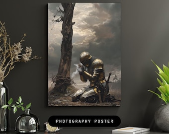Konsttryck med försvunnen riddare: Illustration av medeltida riddare (digital nedladdning 1 886 x 3 300 px)