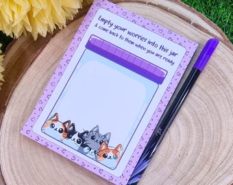 Worry Jar Small Desk Notepad - Cute Cat Purple Stationery Memo Pad - Handmade Notepad - Kawaii Bookish Stationery Gift