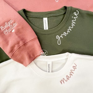 MAMA, NAME, GRANDMA (script) embroidered customizable collar sweatshirt with option for names and heart on sleeve