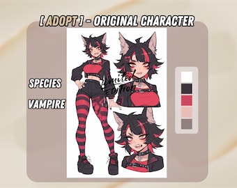 Op de afbeelding: Digitale illustratie van een rood-zwart anime-personage met kattenoren en hoektanden. Het personage draagt een zwart jack, een rood shirt, een zwarte broek en gestreepte kousen. Het personage is geëtiketteerd als een "Vampier".