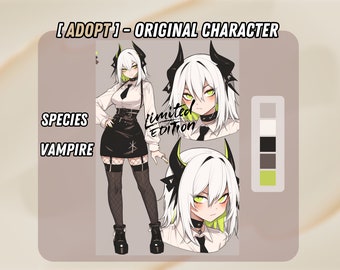 Op de afbeelding: Digitale illustratie van een vrouwelijk anime-personage met wit haar, groene ogen en zwarte hoorns. Ze draagt een wit shirt, een zwarte stropdas, een zwarte rok en zwarte laarzen. Het personage is geëtiketteerd als een "Vampier" en maakt deel uit van een "Limited Edition"-collectie.