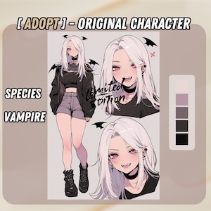May include: Digital illustration of a female vampire character with white hair, wearing a black jacket, black shirt, and denim shorts. The character has red eyes and fangs. The image includes a color palette and the text "SPECIES VAMPIRE".