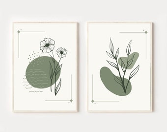 Boho Botanical Print Set of 2, Green Botanical Art, Abstract Line Watercolor Floral Home dorm Decor Art, Botanical Farmhouse Decor, Printabl