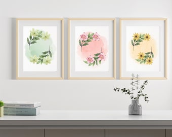 Aquarell botanischer Druck 3er Set, druckbare Blumenkunst, Bauernhauskunst, moderne Wohnkultur, Wandkunst Dekor, Boho botanische Kunst, Wildblume