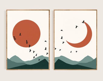 Sun Moon Boho Art Print Set van 2 Sun and Moon Boho Print Set Kwekerij Wall Art Orange Moon Digital Modern Art Mid Century Wall Art Boho Kids