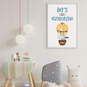 Hot air balloon print. Perfect for children&#39;s bedroom, kids, baby nursery, playroom prints, cute, pastels, let&#39;s go exploring, boho style.