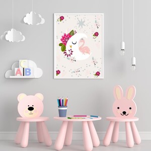 Estampado de flamenco soñoliento. Perfecto para dormitorios de niñas, niños, guarderías, estampados para salas de juegos, lindos, pasteles, animales, estilo boho.