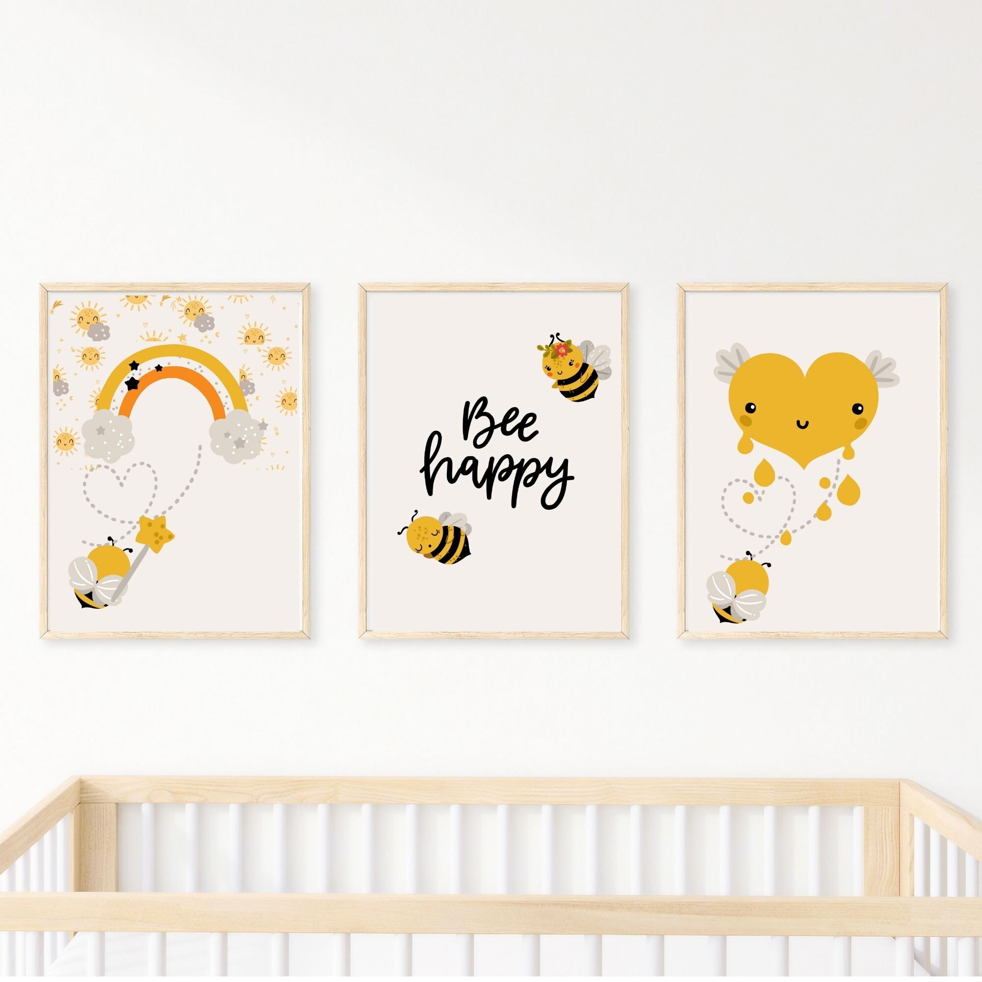 Set of 3 Happy Bees Prints. Perfect for Baby Nursery, Playroom or