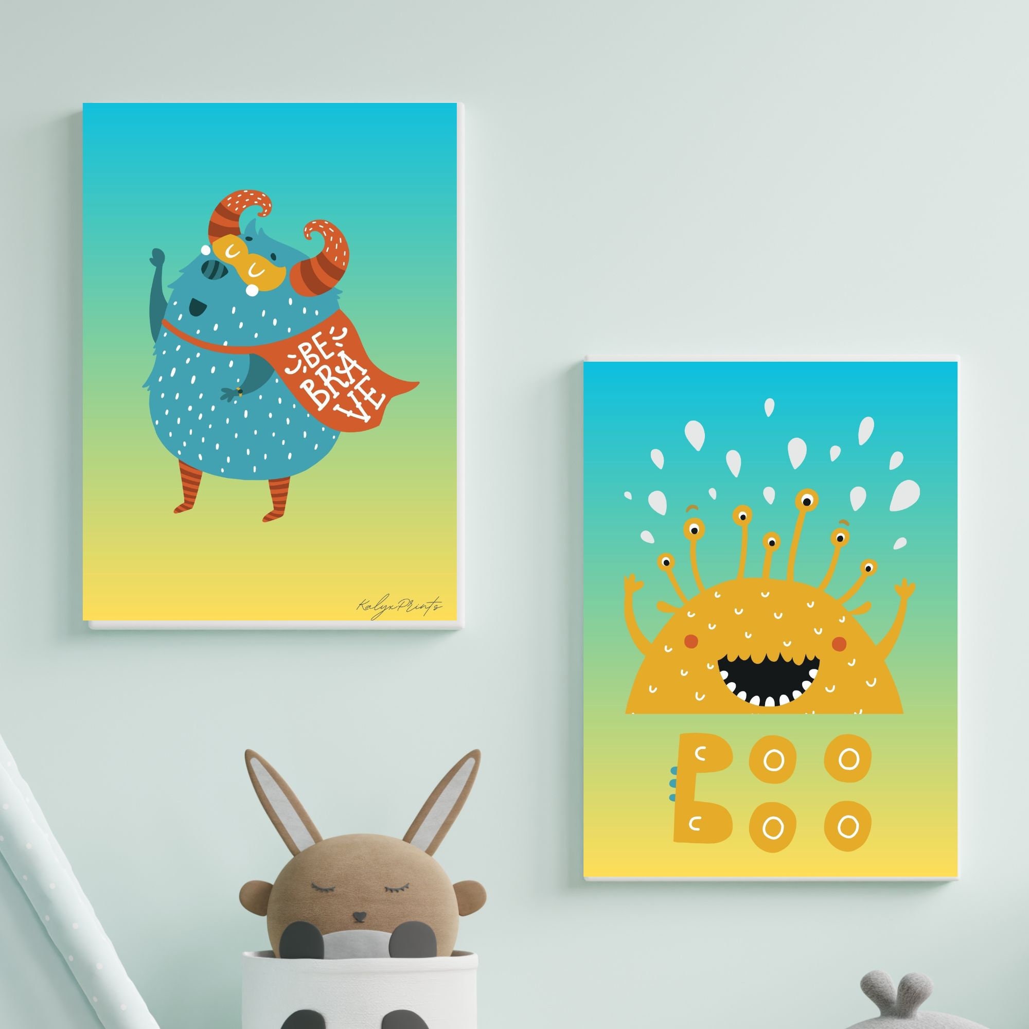 Set of 2 Monster Prints. Perfect for Kids' Room, and Playroom. Brave,  Quote, a Splash of Colours, Happy, Boho, Be Brave, Hello. 