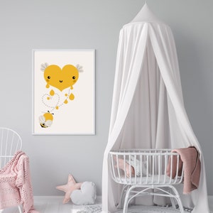 Bees boho print. Perfect for baby nursery, playroom or children’s bedroom. Yellow heart bee, cute prints.
