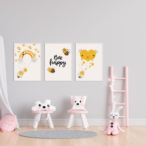 Set of 3 happy bees prints. Perfect for baby nursery, playroom or children’s bedroom. Yellow heart, rainbow, cute prints boho-style.