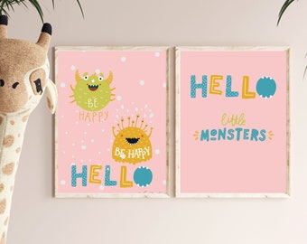 Pink Monster Nursery Prints, Kids Room Decor (Digital Download)