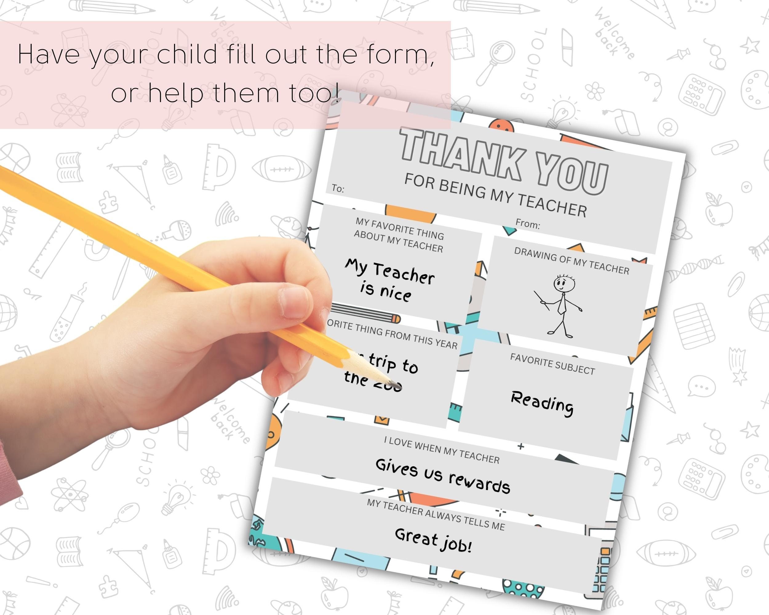 Teacher Appreciation Form for Kids | Teacher Thank You From Student - Etsy