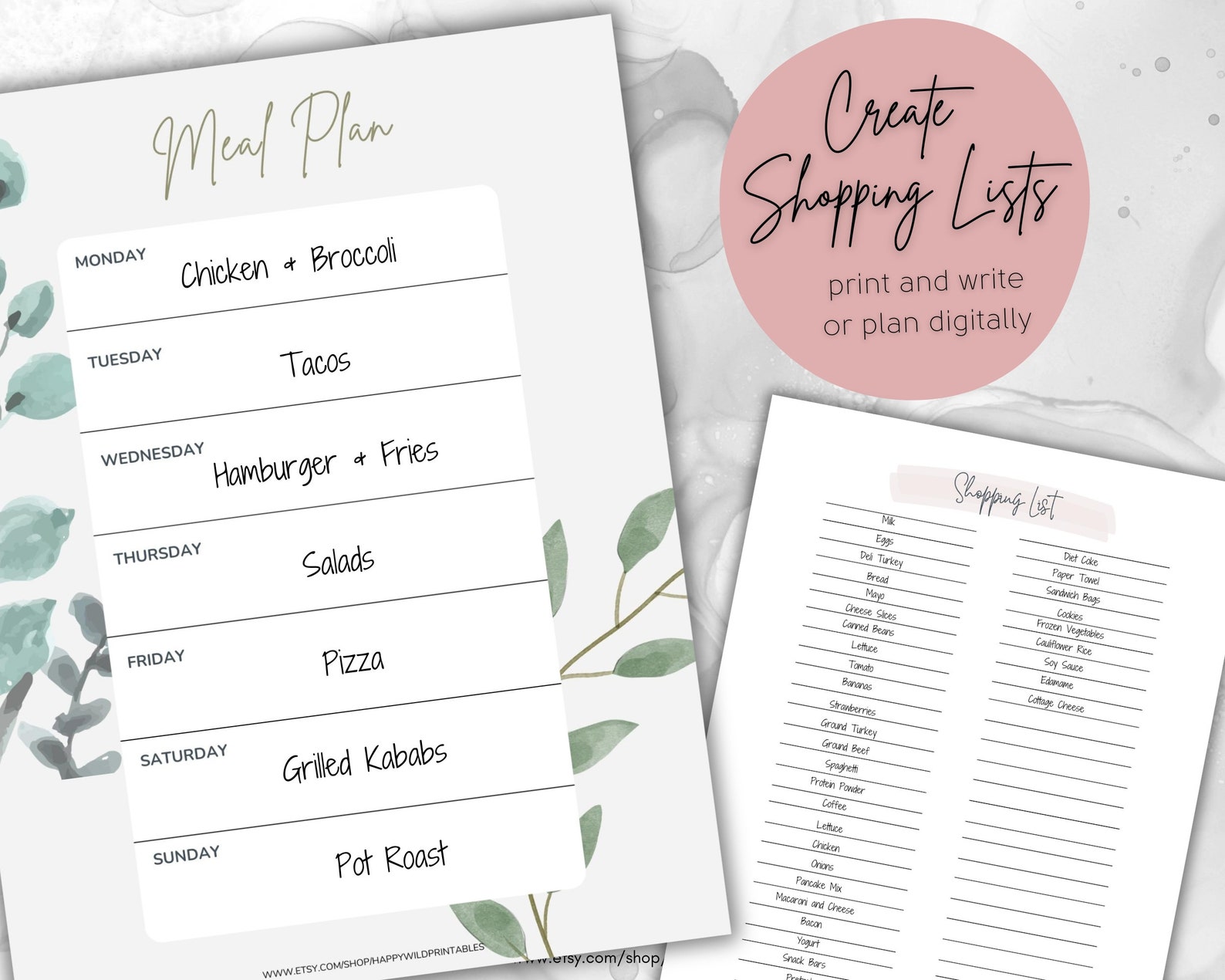 Weekly Floral Theme Meal Planner and Shopping List Printable | Meal ...