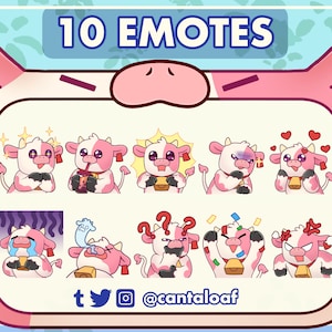 Pink and White Cow Emotes | 10 cute cow Twitch & Discord emotes