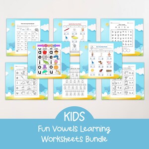 Puede incluir: Un conjunto de hojas de trabajo imprimibles coloridas para que los niños aprendan sobre las vocales. Las hojas de trabajo presentan varias actividades, que incluyen sonidos de vocales cortas y largas, búsquedas de palabras y juegos de ortografía. Las hojas de trabajo están diseñadas para ser divertidas y atractivas para los jóvenes estudiantes.
