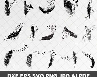 Feather birds svg, Feather svg bundle, Flock of birds feather svg, flying birds svg, Feather clipart, Silhouette feather, Png feather, dxf
