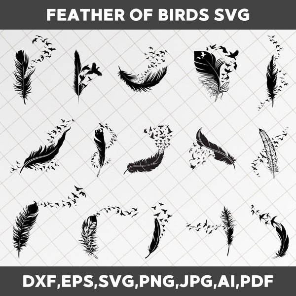 Feather birds svg, Feather svg bundle, Flock of birds feather svg, flying birds svg, Feather clipart, Silhouette feather, Png feather, dxf