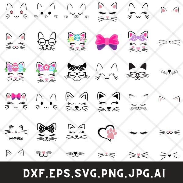 Chat mignon Face svg, chaton svg, cils de chat svg, Silhouette de chat, Silhouette de visage de chat, Visages de chat Kawaii, Fichiers coupés de chat mignon svg, jpg, png