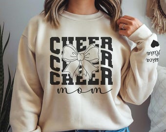 Cheer mom sweatshirt with kids names on sleeves, Custom cheer mom sweatshirt, Cheerleader sweatshirt, Gift for her