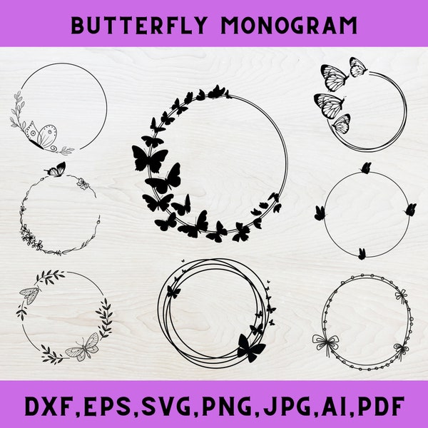 Butterfly wreath svg, Butterfly flower wreath svg, Butterfly monogram frame, Butterfly circle frame, Monogram svg, Butterfly border svg