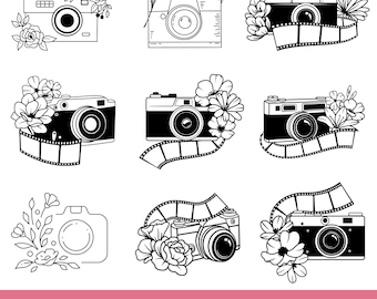 Floral Camera SVG Bundle, Flower Camera Clipart (png, dxf, eps, jpg, ai)