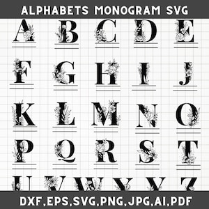 Split monogram alphabet svg, Split letter monogram svg, Alphabet split monogram, Floral monogram svg, Flower split monogram svg