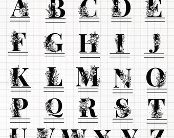May include: A set of 26 black and white floral monogram letters, each letter is decorated with a floral design. The letters are arranged in alphabetical order and are separated by a horizontal line. The letters are on a white grid background. The text "DXF,EPS,SVG,PNG,JPG,AI,PDF" is at the bottom of the image.