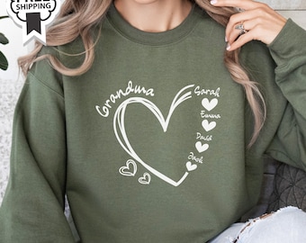 Custom Grandma heart sweatshirt, Custom heart name shirt, Custom Grandma heart long sleeve, Grandma hoodie, Personalised Grandma shirt