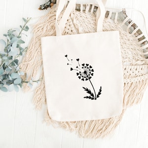 K&ouml;nnte beinhalten: Eine wei&szlig;e Tragetasche mit einer schwarzen Silhouette eines L&ouml;wenzahns mit herzf&ouml;rmigen Bl&uuml;tenbl&auml;ttern. Die Tasche liegt auf einer wei&szlig;en Oberfl&auml;che mit einem Makramee-Hintergrund.