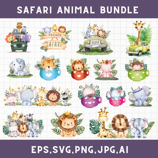 19 Safari animals SVG bundle, Safari animals watercolor clipart, Safari animal Png, Jungle animals clipart | Baby shower| Cute animals PNG