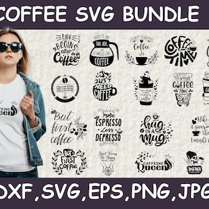 Pode incluir: Um pacote de download digital de 20 designs SVG em preto e branco com tema de café. Os designs apresentam várias citações e ilustrações relacionadas ao café, como "A vida começa depois do café", "Só preciso de café", "Mais café, por favor" e "Abraço em uma caneca".