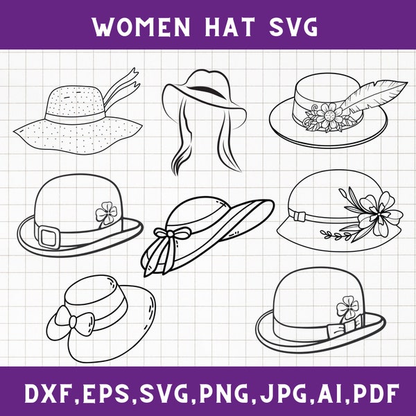 Women hat svg, Floral hat svg, Lady hat svg, Women hat png, Hat outline svg, Fashion hat svg, girl with hat svg, Women hat clipart