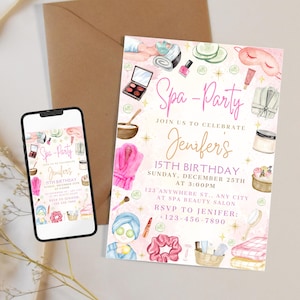 Spa party invitation, Editable spa birthday party invite, Girl birthday party invite