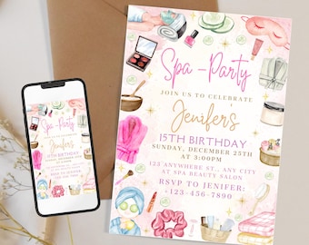 Spa party invitation, Editable spa birthday party invite, Girl birthday party invite