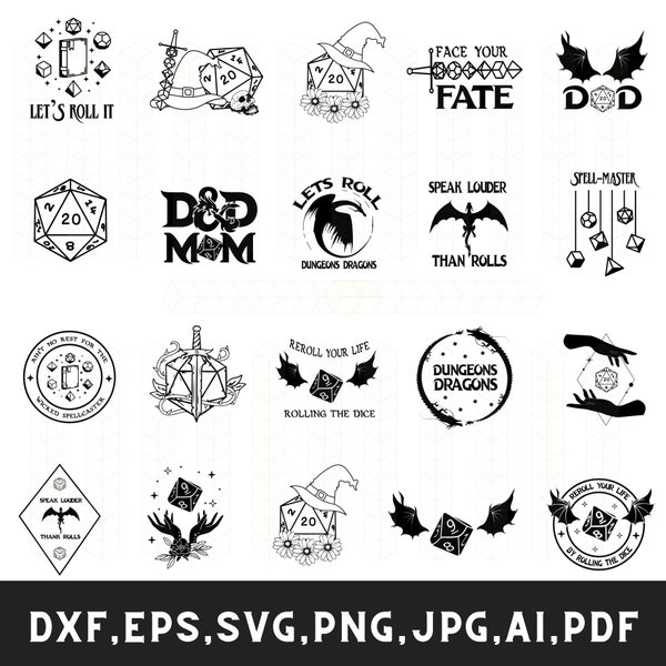 DND svg bundle,  Dnd dragons silhouette, Dnd dragons, Dnd designs, Dnd cut files, Cricut files, Dnd logos
