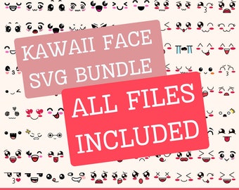 Paquete de svg de caras Kawaii, paquete de svg de cara sonriente linda, caras de emoción de dibujos animados svg, cara de Emoji svg, silueta de caras sonrientes, imágenes prediseñadas de Kawaii