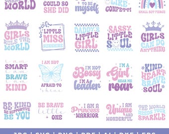Paquete de svg png de niña retro, refranes y citas de niña pequeña svg, svg de pequeña princesa, svg de poder de niñas