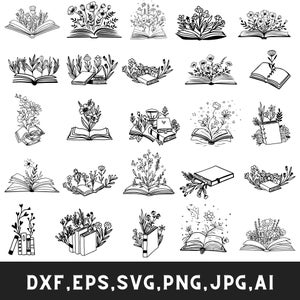 Può includere: Un set di 20 illustrazioni in bianco e nero di libri aperti con fiori e foglie. I libri sono in varie posizioni e i fiori sono in stili diversi. Le illustrazioni sono perfette per creare artigianato digitale o fisico.