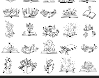 Floral book SVG, Book with flowers svg, Reading book SVG bundle for Cricut, Line art svg, Library Svg, Silhouette, Png, Cut file