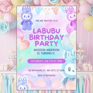 Labubu Style Editable Party Invitation Template – Cute Cartoon Kids Teen Birthday – Instant Download – Canva Printable