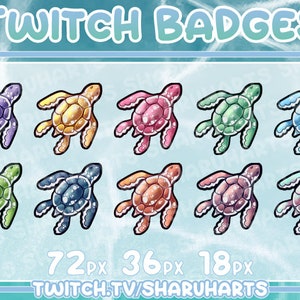 Könnte beinhalten: Eine Sammlung von Twitch-Badges mit bunten Meeresschildkröten in verschiedenen Farben, von Lila bis Blau, im Cartoon-Stil. Der Text "TWITCH BADGES" ist oben zu sehen. Die Bildgrößen in Pixeln sind ebenfalls angegeben.