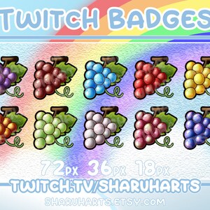 Könnte beinhalten: Satz von 10 Twitch-Chat-Badges mit Trauben in verschiedenen Farben, darunter lila, rot, blau, gelb, orange, grün, weiß, rosa und hellblau. Die Badges sind in den Größen 72px, 36px und 18px verfügbar. Twitch.tv/Sharuharts Sharuharts.etsy.com